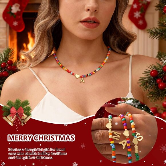 Personalized Colorful Initial Necklace for Girls - Adjustable Beaded Choker Gift - Picture 2 of 7
